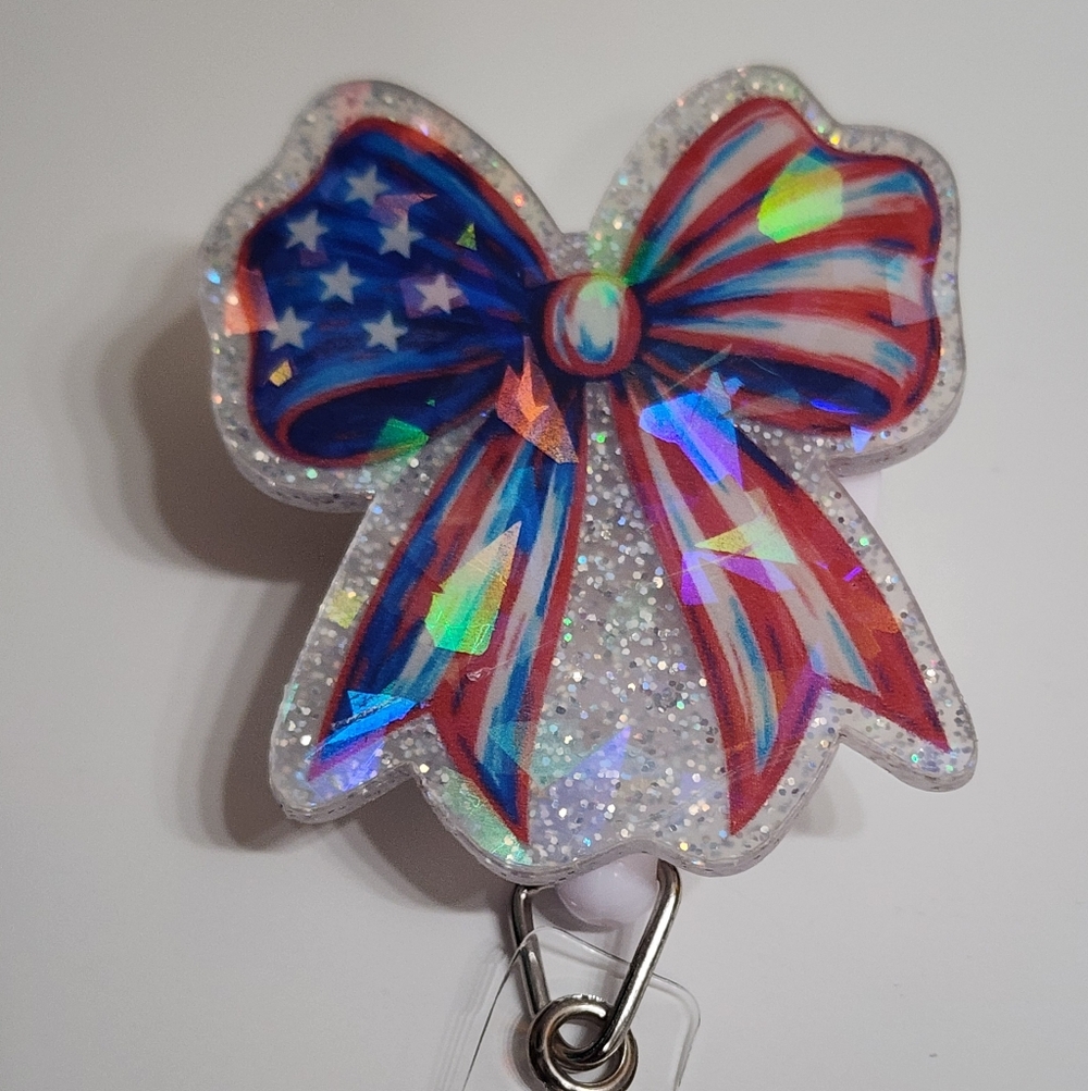 Patriotic‎ Bow Badge Reel Holographic Red White Blue Alligator Clip ID Holder